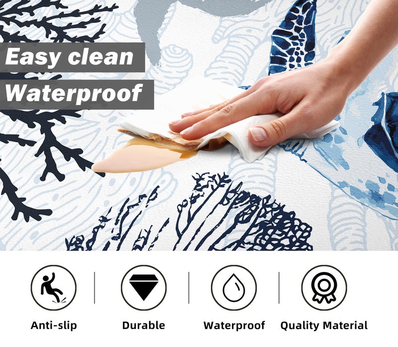 weesire Coastal Beach Kitchen Floor Mat Rugs Nautical Decorative Coral Sea Turtle Kitchen Rugs Anti Fatigue Mats Non-Slip Comfort Standing Cushioned for Kitchen 17.3" 28" + 17.3" x 47" Set 2 Pcs Navy Blue - Image 4