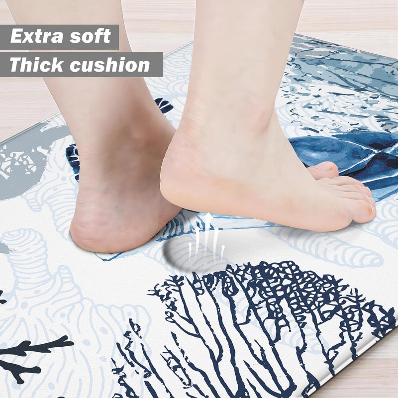 weesire Coastal Beach Kitchen Floor Mat Rugs Nautical Decorative Coral Sea Turtle Kitchen Rugs Anti Fatigue Mats Non-Slip Comfort Standing Cushioned for Kitchen 17.3" 28" + 17.3" x 47" Set 2 Pcs Navy Blue - Image 3