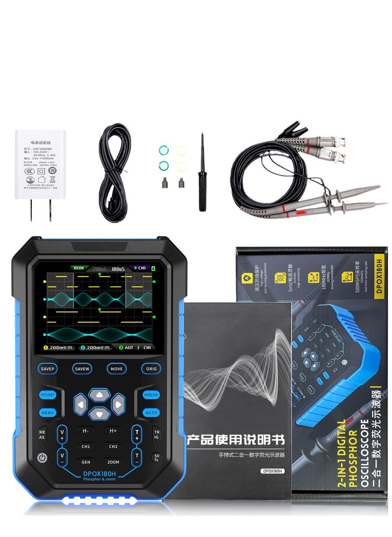 Excefore - Digital Oscilloscope, DPOX180H 2 Channels Digital Phosphor Oscilloscope, 2 in 1 Handheld Oscilloscope, DDS Signal Generator, 180Mhz Bandwidth 500MSa/s Sampling Rate, for Automobile Maintenance - Image 1