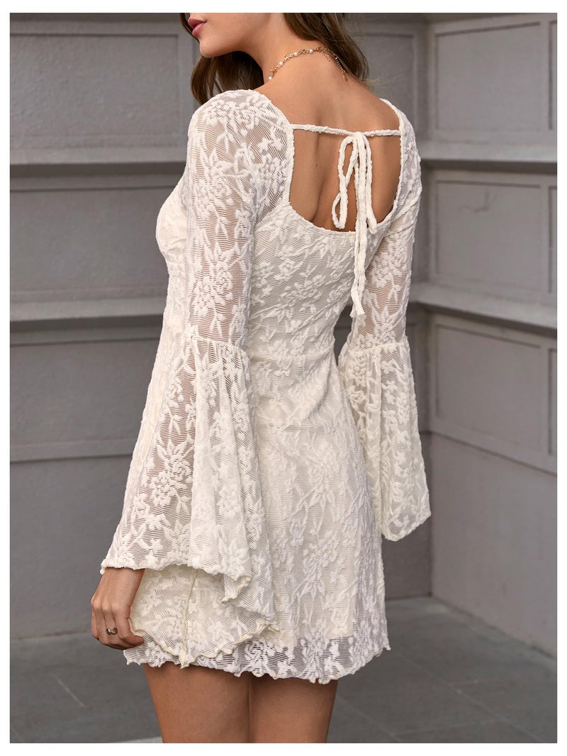 WDIRARA Women's Floral Jacquard Mesh Gothic Dress Bell Long Sleeve A Line Vintage Dresses Beige Medium - Image 2