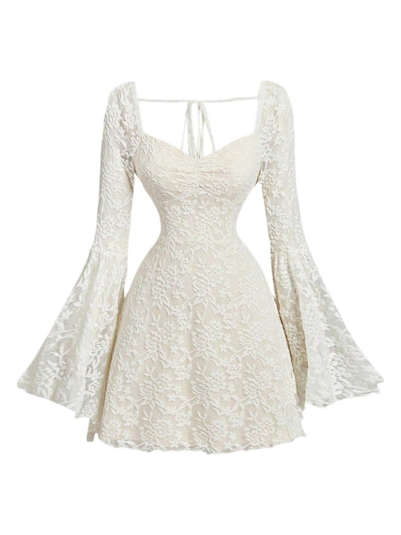 WDIRARA Women's Floral Jacquard Mesh Gothic Dress Bell Long Sleeve A Line Vintage Dresses Beige Medium - Image 4