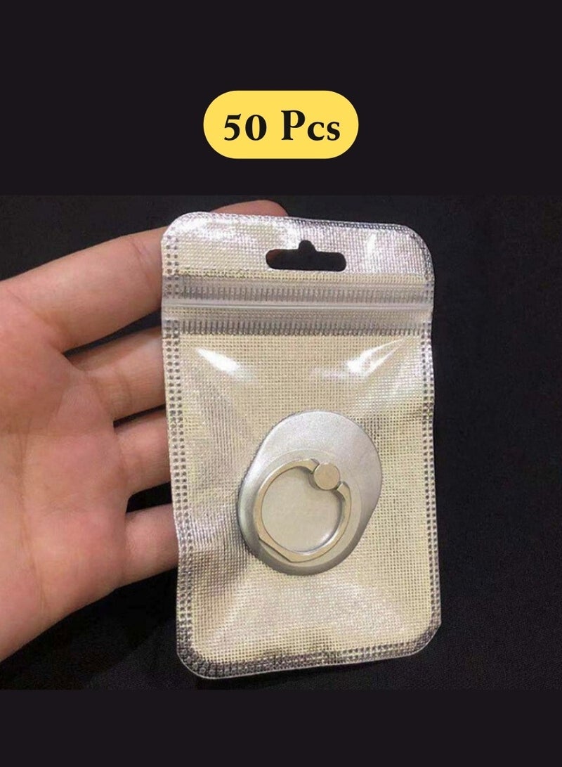 ٥٠ كيس متوسط الحجم فضي قابل لإعادة الإغلاق (١٠٫٥×١٥ سم / ٤٫١٣×٥٫٩ بوصة) | واجهة شفافة + ظهر من قماش غير منسوج أبيض مع إغلاق ذاتي | بديل سميك ولامع لأكياس السوستة لتغليف إكسسوارات الهواتف، المجوهرات، الأدوات، مستحضرات التجميل، العينات، هدايا رمضان وتغليف المشاريع الصغيرة | أكياس عرض فاخرة بحواف دائرية - Image 1