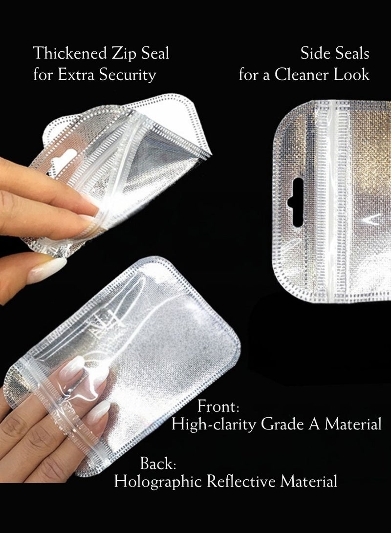 ٥٠ كيس متوسط الحجم فضي قابل لإعادة الإغلاق (١٠٫٥×١٥ سم / ٤٫١٣×٥٫٩ بوصة) | واجهة شفافة + ظهر من قماش غير منسوج أبيض مع إغلاق ذاتي | بديل سميك ولامع لأكياس السوستة لتغليف إكسسوارات الهواتف، المجوهرات، الأدوات، مستحضرات التجميل، العينات، هدايا رمضان وتغليف المشاريع الصغيرة | أكياس عرض فاخرة بحواف دائرية - Image 3