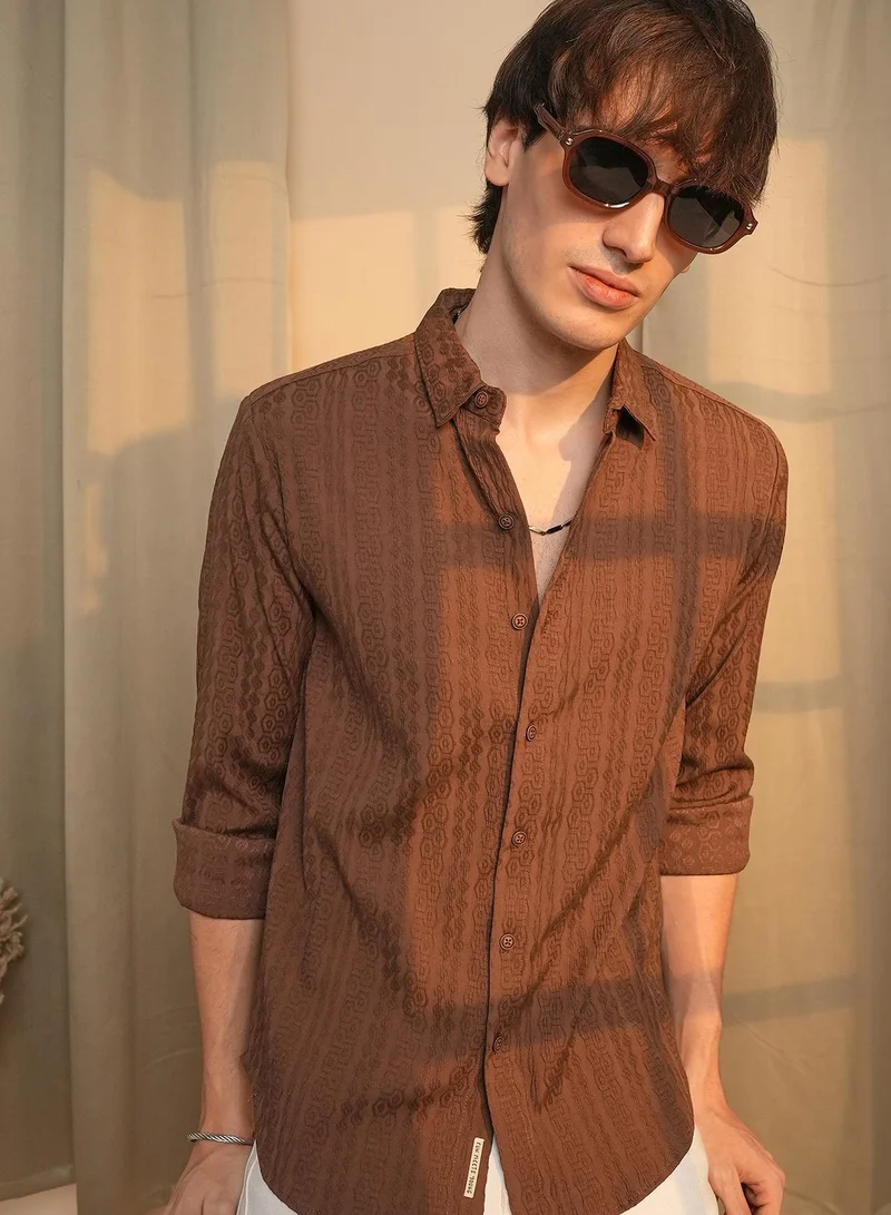 Campus Sutra Men's Chocolate Brown Geometric-Textured Knit Shirt