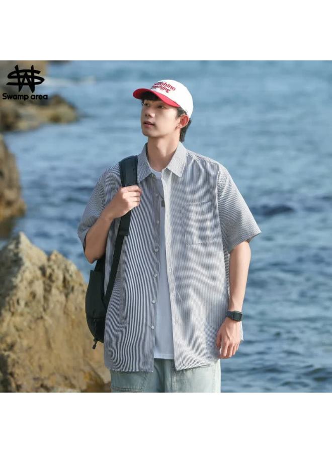 Swamp Area Style Short Sleeve Shirt Men Summer Trendy Loose Fit Striped Workwear Jacket Cs2512 Black XL - Image 1