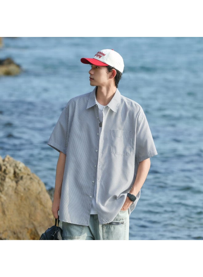 Swamp Area Style Short Sleeve Shirt Men Summer Trendy Loose Fit Striped Workwear Jacket Cs2512 Black XL - Image 4