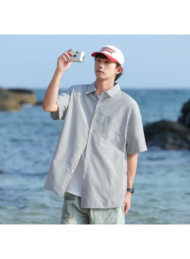 Swamp Area Style Short Sleeve Shirt Men Summer Trendy Loose Fit Striped Workwear Jacket Cs2512 Black XL - Image 5