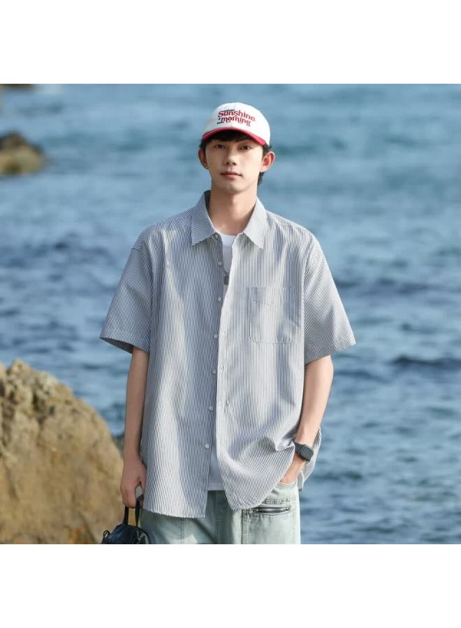 Swamp Area Style Short Sleeve Shirt Men Summer Trendy Loose Fit Striped Workwear Jacket Cs2512 Black XL - Image 3