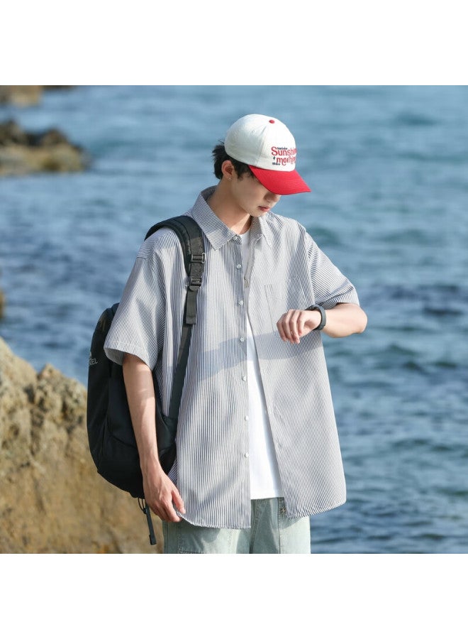 Swamp Area Style Short Sleeve Shirt Men Summer Trendy Loose Fit Striped Workwear Jacket Cs2512 Black XL - Image 2