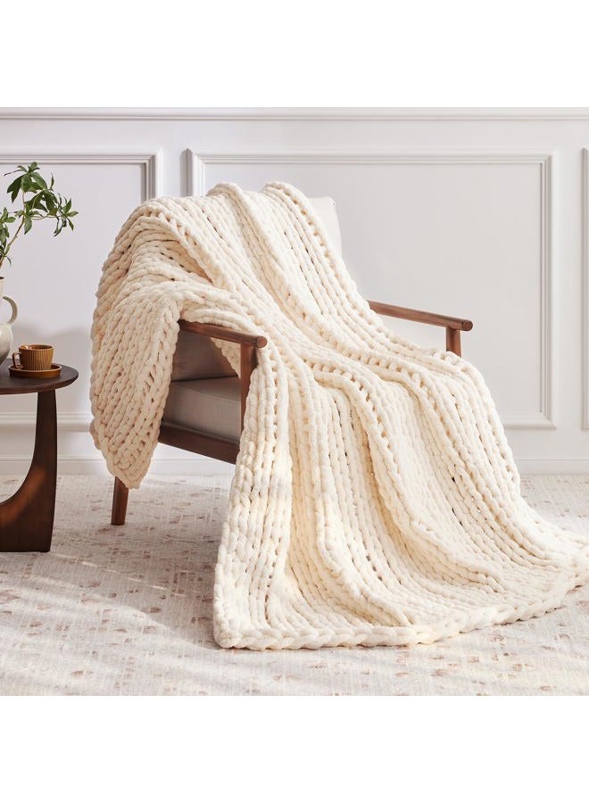 Negwoo Chunky Knit Throw Blanket, 80''*90'' Knitted Throw Chenille Yarn for Bed Couch, Handmade Cream Crochet Big Thick Blanket, Machine Washable Cute Comfy Blanket for Home Decor - Image 3