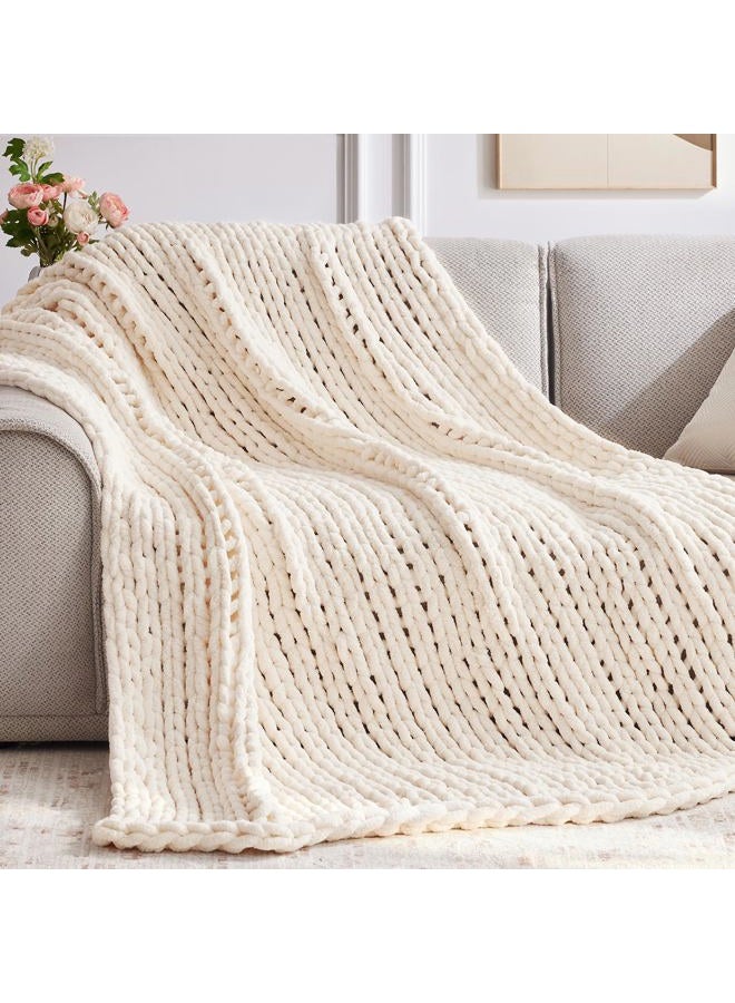 Negwoo Chunky Knit Throw Blanket, 80''*90'' Knitted Throw Chenille Yarn for Bed Couch, Handmade Cream Crochet Big Thick Blanket, Machine Washable Cute Comfy Blanket for Home Decor - Image 1