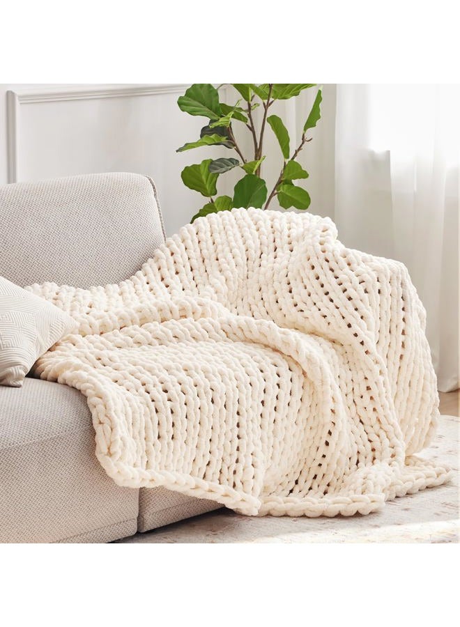 Negwoo Chunky Knit Throw Blanket, 80''*90'' Knitted Throw Chenille Yarn for Bed Couch, Handmade Cream Crochet Big Thick Blanket, Machine Washable Cute Comfy Blanket for Home Decor - Image 2