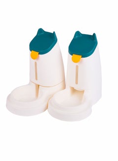 HAPPY PUSS Pet water dispenser and feeder.  Feed gravity type, pack of 2; Self-Dispensing gravity pet drinker and feeder. For cats and dogs. White color with blue cover.  - Image 1