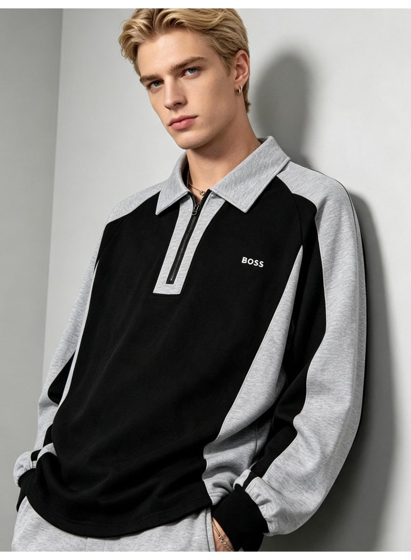 BOSS Unisex Quarter Zip Polo Collar Sweatshirt Color Block Long Sleeve Casual Everyday Top Black Grey - Image 2