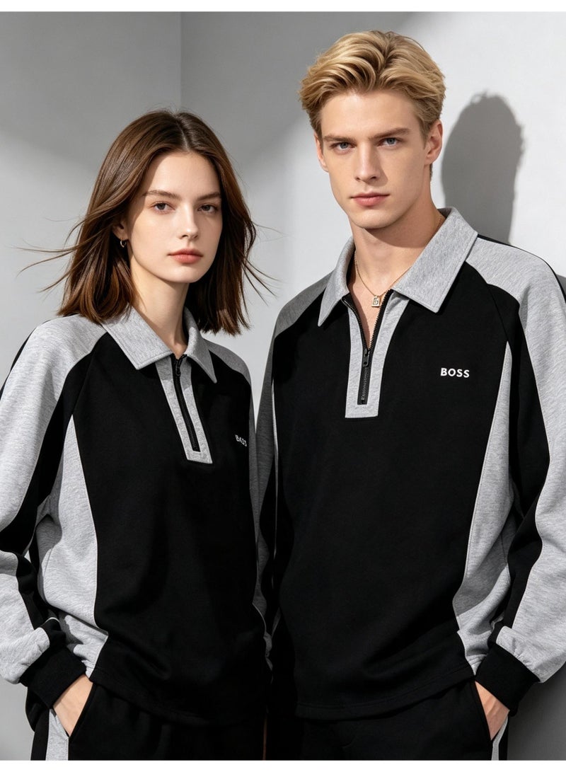BOSS Unisex Quarter Zip Polo Collar Sweatshirt Color Block Long Sleeve Casual Everyday Top Black Grey - Image 5
