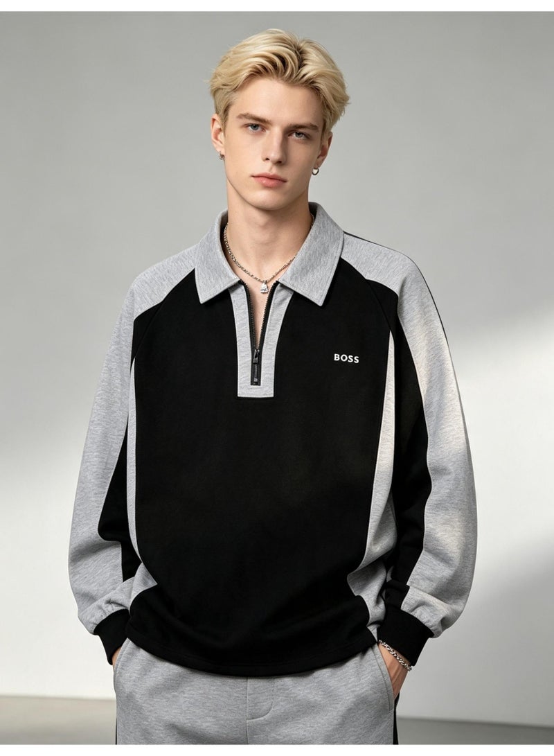 BOSS Unisex Quarter Zip Polo Collar Sweatshirt Color Block Long Sleeve Casual Everyday Top Black Grey - Image 1