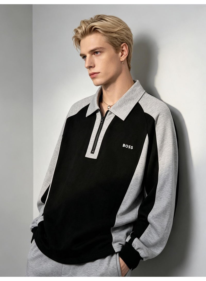 BOSS Unisex Quarter Zip Polo Collar Sweatshirt Color Block Long Sleeve Casual Everyday Top Black Grey - Image 4
