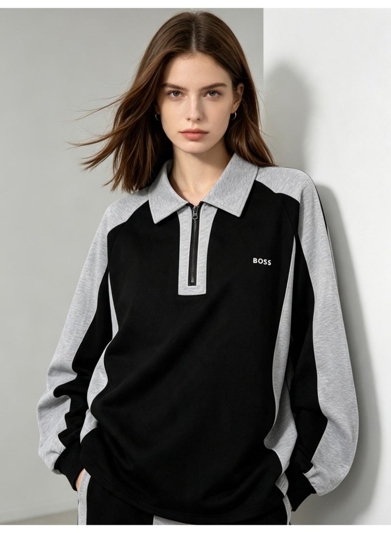BOSS Unisex Quarter Zip Polo Collar Sweatshirt Color Block Long Sleeve Casual Everyday Top Black Grey - Image 3