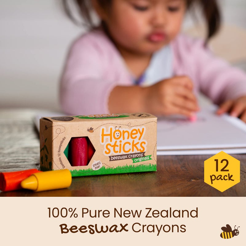 Honeysticks أقلام شمع العسل 100% شمع نحل نقي (12 عبوة) - أقلام غير سامة، آمنة للأطفال والرضع، مناسبة من عمر 1 سنة فما فوق، مصنوعة يدويًا في نيوزيلندا باستخدام شمع النحل الطبيعي وألوان غذائية، صديقة للبيئة. - Image 2