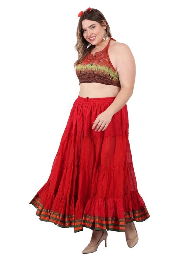 Wevez 25 Yard American Tribal Style Dance Cotton Tiered Flounce Maxi Full Skirt, Red, One size - Image 4