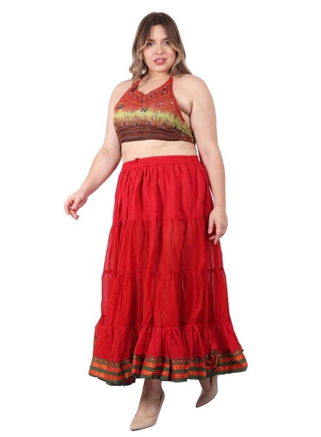 Wevez 25 Yard American Tribal Style Dance Cotton Tiered Flounce Maxi Full Skirt, Red, One size - Image 3