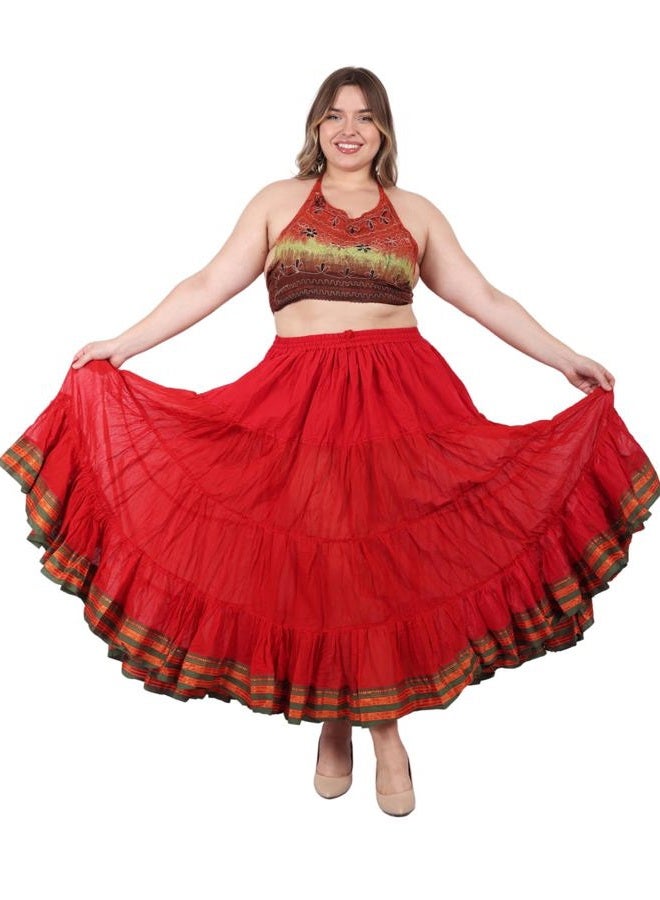 Wevez 25 Yard American Tribal Style Dance Cotton Tiered Flounce Maxi Full Skirt, Red, One size - Image 1