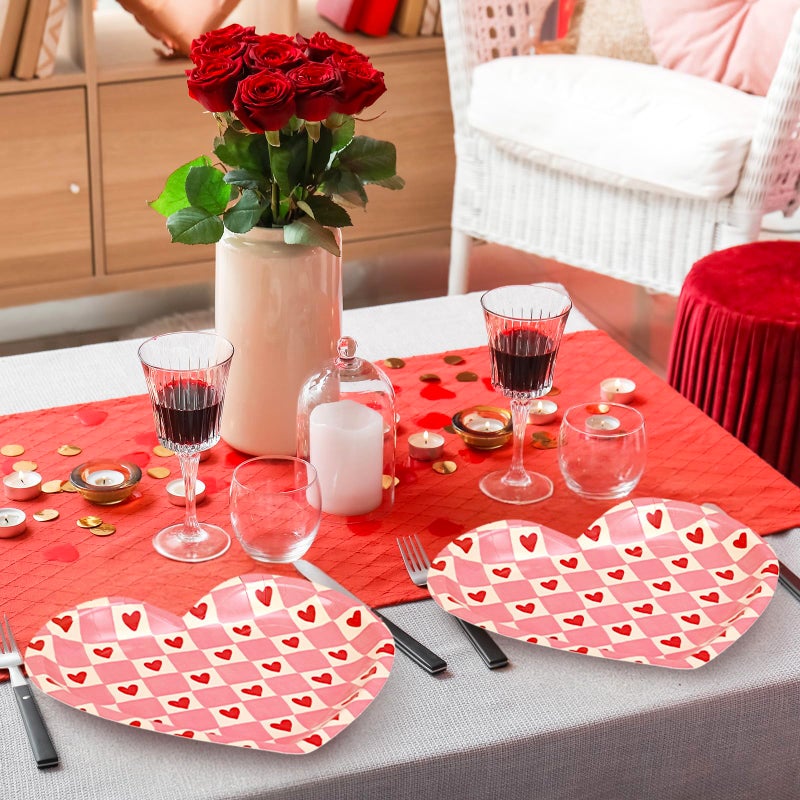 FYSUIMU Valentine's Day Paper Plates Dinner Plates Pink Love Heart Shape Checkerboard Disposable Tableware for Mother's Day Anniversary Wedding Party Table Decor Supplies, 40 Pcs - Image 5