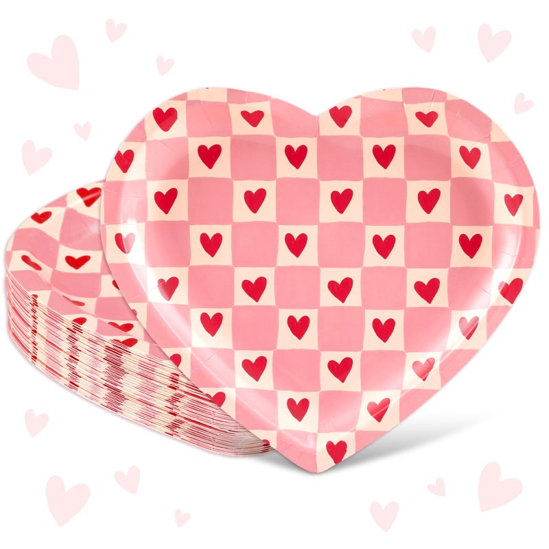 FYSUIMU Valentine's Day Paper Plates Dinner Plates Pink Love Heart Shape Checkerboard Disposable Tableware for Mother's Day Anniversary Wedding Party Table Decor Supplies, 40 Pcs - Image 1
