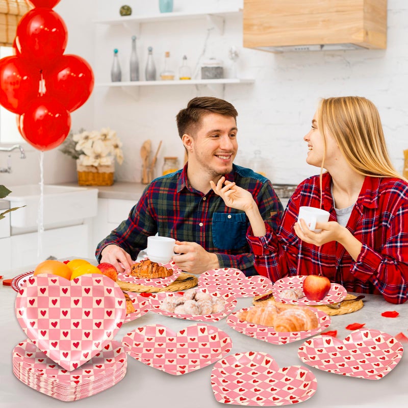 FYSUIMU Valentine's Day Paper Plates Dinner Plates Pink Love Heart Shape Checkerboard Disposable Tableware for Mother's Day Anniversary Wedding Party Table Decor Supplies, 40 Pcs - Image 3