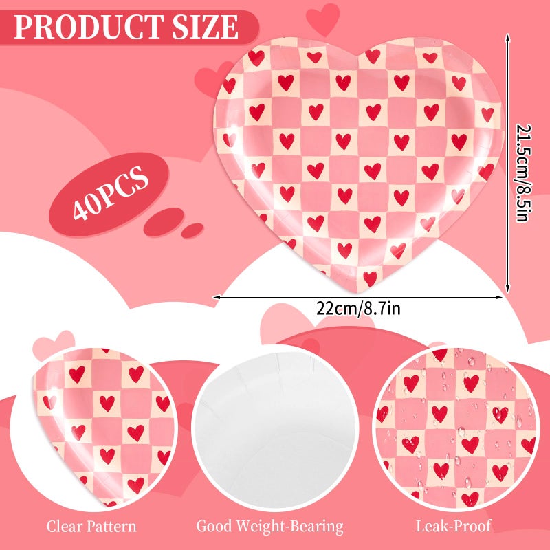 FYSUIMU Valentine's Day Paper Plates Dinner Plates Pink Love Heart Shape Checkerboard Disposable Tableware for Mother's Day Anniversary Wedding Party Table Decor Supplies, 40 Pcs - Image 2