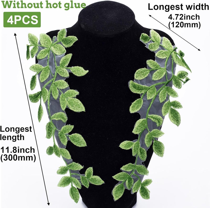 OIIKI 1 Pairs 3D Lace Forest Leaves Vine Patches Decoration Green Sewing Embroidery Leaf Pattern Appliques Bohemian Shoulder Collar Embellishment Costume Crafts Trims 2PCS - Image 3