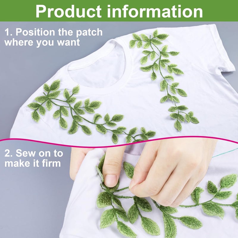 OIIKI 1 Pairs 3D Lace Forest Leaves Vine Patches Decoration Green Sewing Embroidery Leaf Pattern Appliques Bohemian Shoulder Collar Embellishment Costume Crafts Trims 2PCS - Image 2