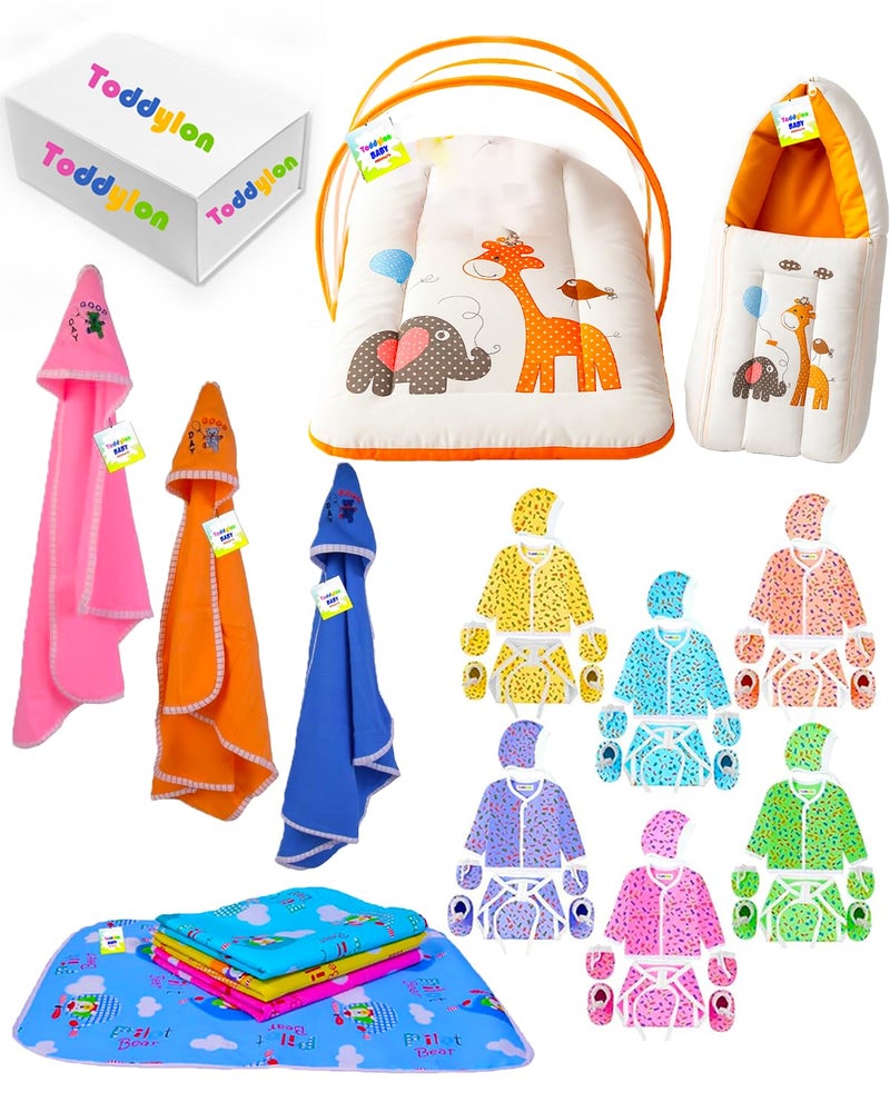 Toddylon 33 in 1 Baby Products All New Born Complete Daily Items | Gift Combos | Essentials Items | Hospital Kit | Baby Bedding | Clothing Set (Orange, 0-6 Months) - Image 1
