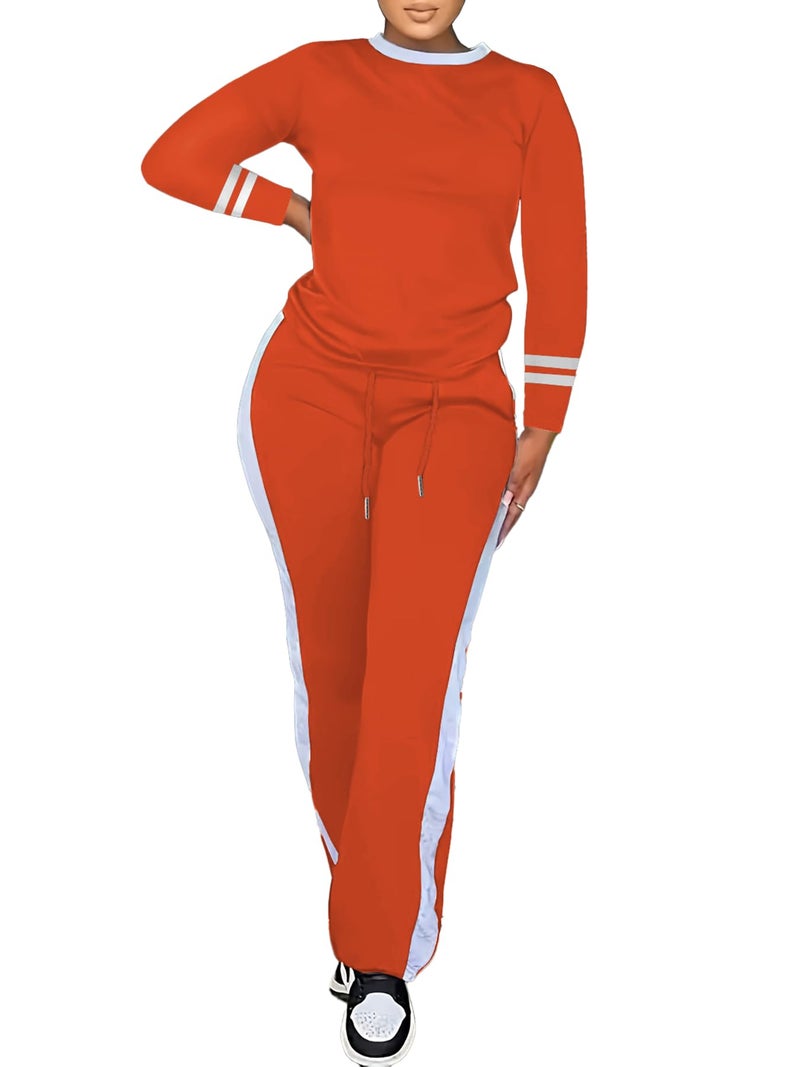 PINSV Women's 2 Piece Outfits Long Sleeve Tops Sweatpants Colorblock Bodycon Lounge Sets Tracksuits Orange M - Image 1