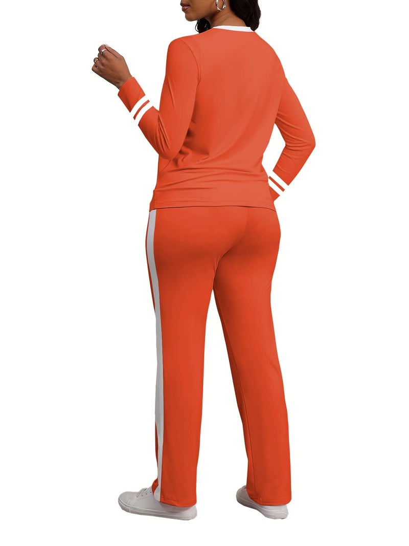PINSV Women's 2 Piece Outfits Long Sleeve Tops Sweatpants Colorblock Bodycon Lounge Sets Tracksuits Orange M - Image 5