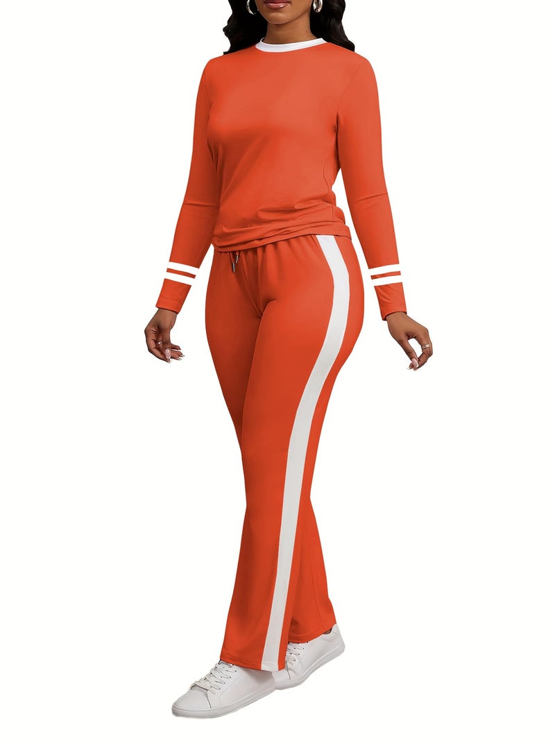 PINSV Women's 2 Piece Outfits Long Sleeve Tops Sweatpants Colorblock Bodycon Lounge Sets Tracksuits Orange M - Image 2