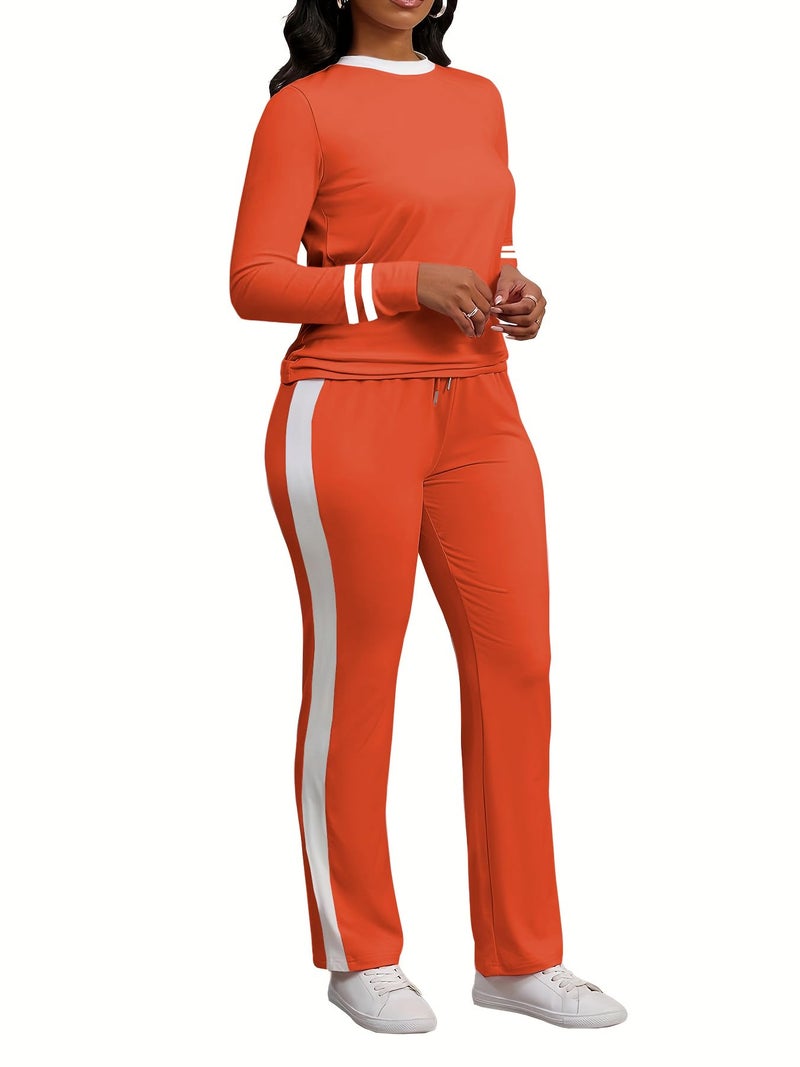 PINSV Women's 2 Piece Outfits Long Sleeve Tops Sweatpants Colorblock Bodycon Lounge Sets Tracksuits Orange M - Image 3