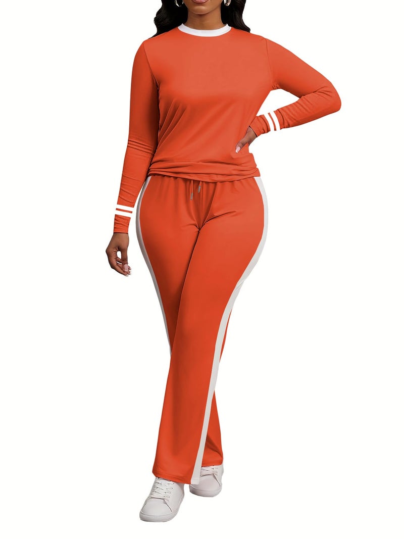 PINSV Women's 2 Piece Outfits Long Sleeve Tops Sweatpants Colorblock Bodycon Lounge Sets Tracksuits Orange M - Image 4