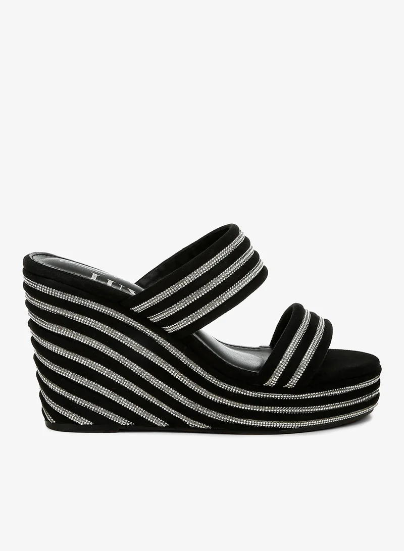 Black Rhinestones Embellished Wedge Sandals