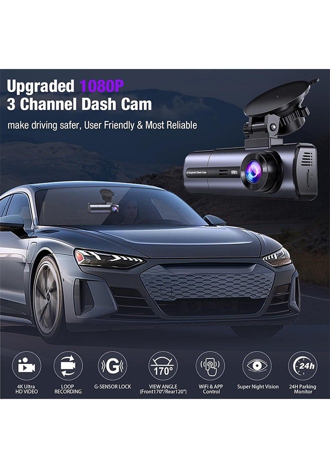 4K Triple Channel Dash Cam with GPS, 64GB Card, WiFi, 170° Wide Angle, Night Vision, G-Sensor, 24H Parking Monitor - Image 2