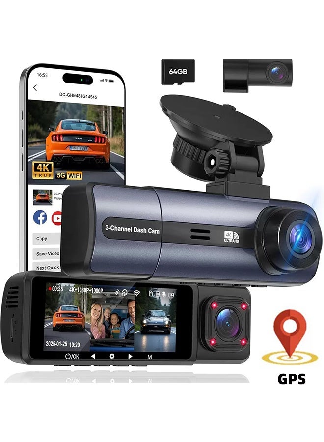 4K Triple Channel Dash Cam with GPS, 64GB Card, WiFi, 170° Wide Angle, Night Vision, G-Sensor, 24H Parking Monitor - Image 1
