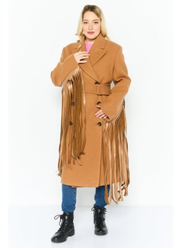 Women Textured Belted Trench Coat Jacket, Brown