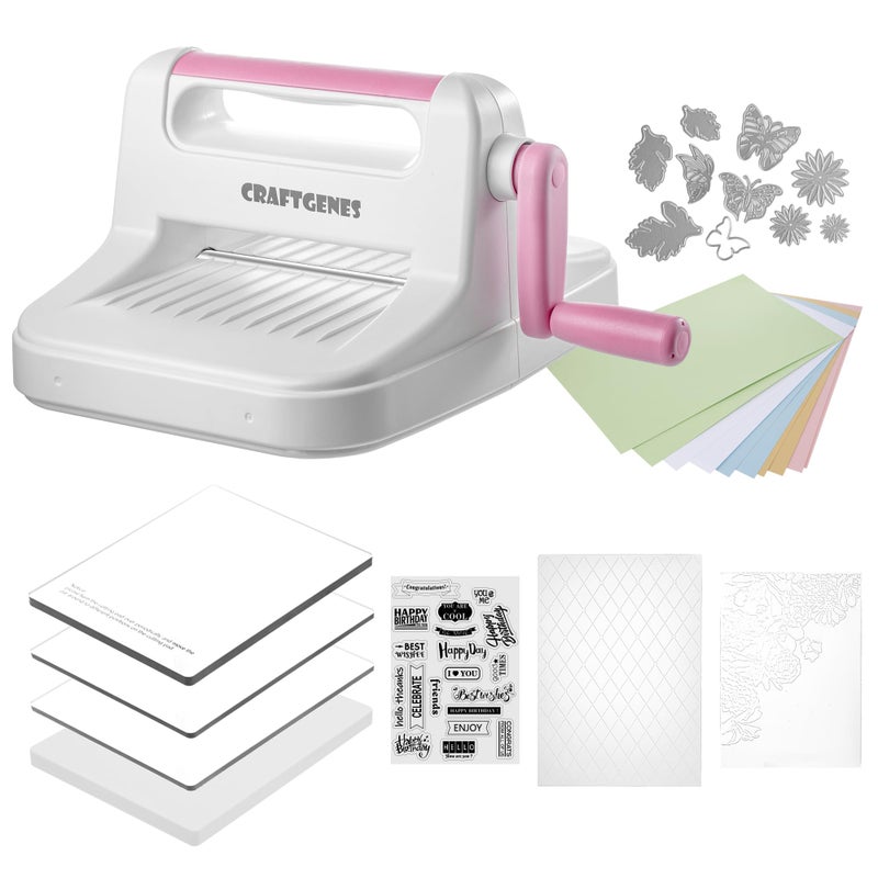 CraftGenes Die Cutting Machine and Embossing Machine â€“ 6'' Opening Size for Cardmaking, Scrapbooking, and DIY Crafts â€“ Complete Set with A5 Die Cuts, Embossing Folders, and Plates(Pink) - Image 1