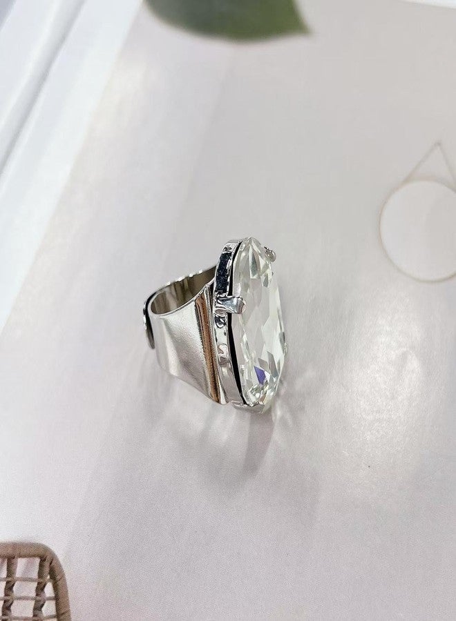 Cykdohy Large Oval Rhinestone Open Cocktail Statement Ring for Women Exaggerated Big Geometric Crystal Stone Thick Chunky Finger Knuckle Adjustable Band Rings Wedding Brides Prom Party Fashion Jewelry Gift (Transparent) - Image 3
