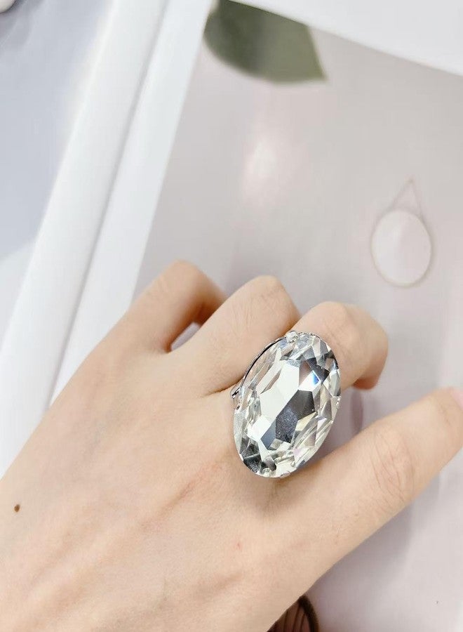Cykdohy Large Oval Rhinestone Open Cocktail Statement Ring for Women Exaggerated Big Geometric Crystal Stone Thick Chunky Finger Knuckle Adjustable Band Rings Wedding Brides Prom Party Fashion Jewelry Gift (Transparent) - Image 2