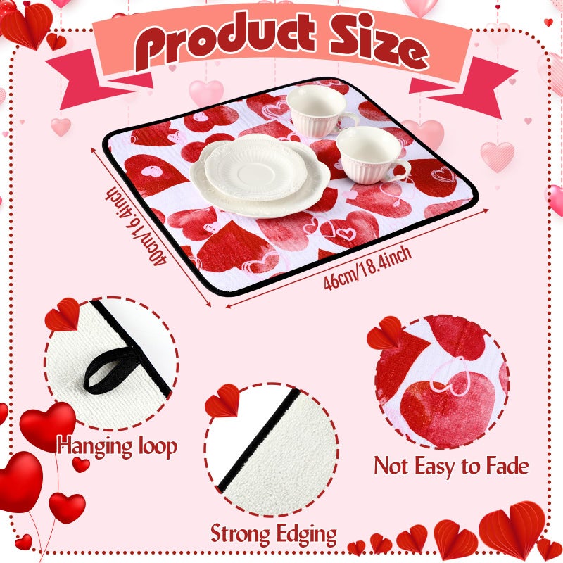 Breling Valentine's Day Dish Drying Mat Valentine Kitchen Dry Mat Absorbent Hearts Table Dishes Pad Red Pink Protect Tableware Kitchen Accessories for Home Decor, 16 x 18.4 Inches - Image 3