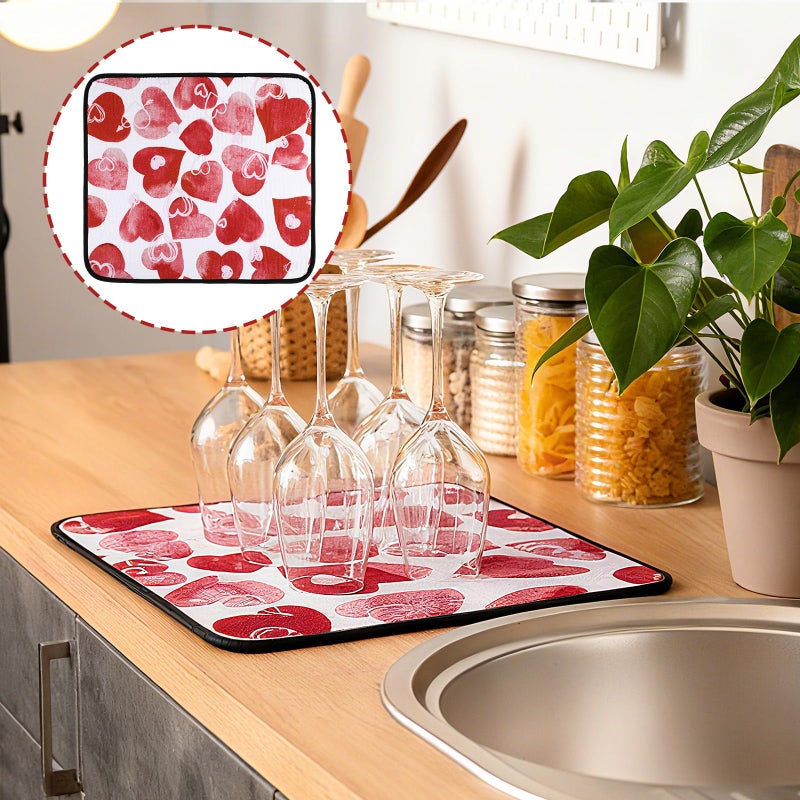 Breling Valentine's Day Dish Drying Mat Valentine Kitchen Dry Mat Absorbent Hearts Table Dishes Pad Red Pink Protect Tableware Kitchen Accessories for Home Decor, 16 x 18.4 Inches - Image 2