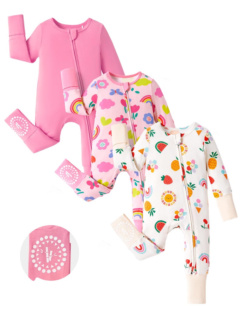 PATPAT Baby Footies Boys Girls - Bamboo Viscose - 2 Way Zipper & Non-Slip Soles Romper Mitten - Footed & Footless Infant Clothes Unisex Jumpsuit 2 Pack Raspberry/Flower/Sun 12-18 Months Beige/Pink - Image 1