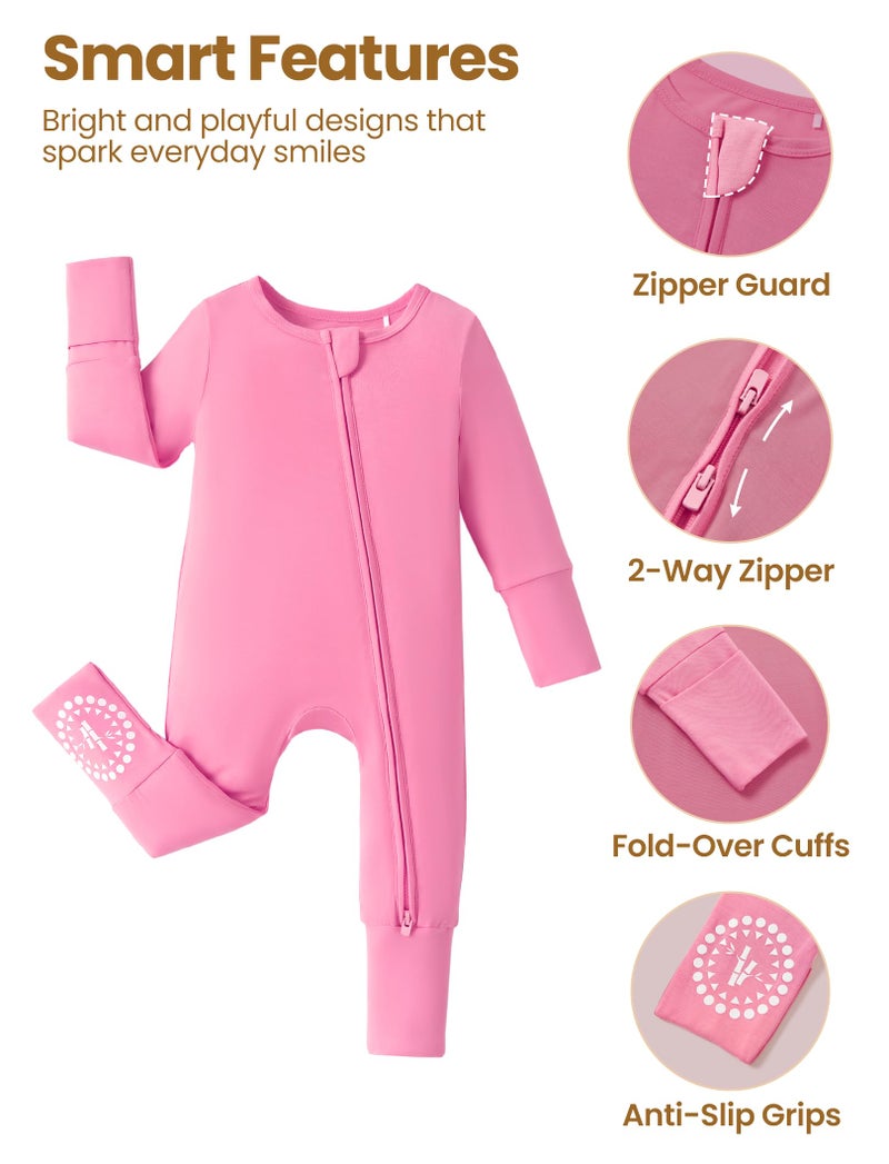PATPAT Baby Footies Boys Girls - Bamboo Viscose - 2 Way Zipper & Non-Slip Soles Romper Mitten - Footed & Footless Infant Clothes Unisex Jumpsuit 2 Pack Raspberry/Flower/Sun 12-18 Months Beige/Pink - Image 5