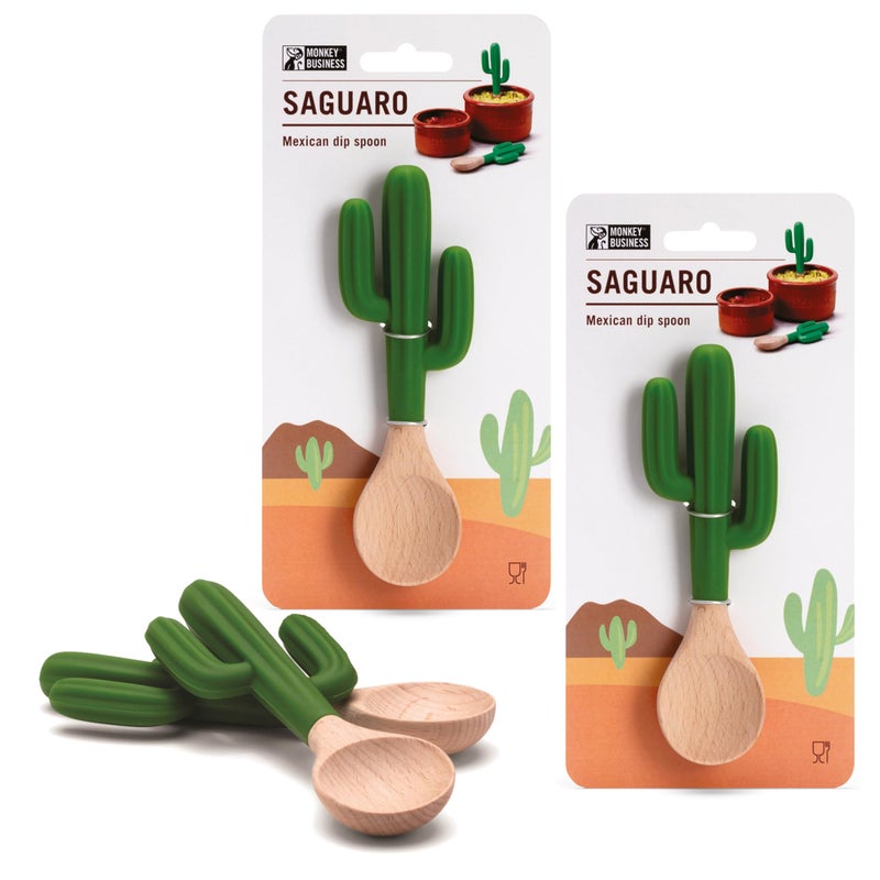 Monkey Business Saguaro Spoons Set of 2, Cactus Shaped Serving Spoons for Guacamole Salsa and Mexican Dips, Silicone and Wooden Spoons for Serving at Parties and Fiesta Entertaining - Image 1